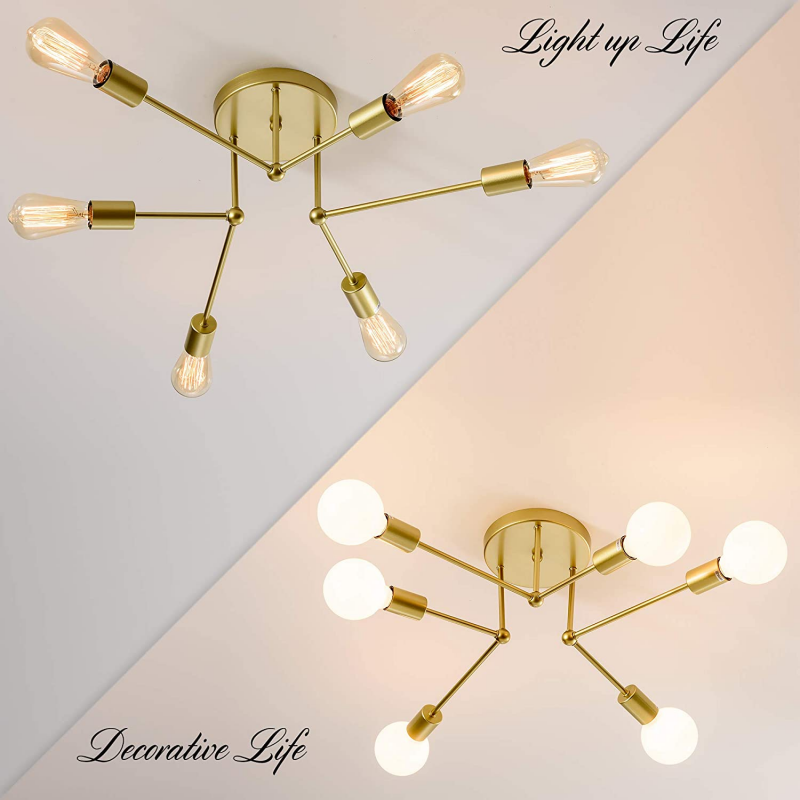 Comely Lustre Sputnik Moderne, 6 Lumières Plafonnier Industriel Vintage, E27 Doré Plafonniers en Fer, Lampe de Plafond pour Salon, Chambre, Salle à manger, Diamètre 70cm (sans Ampoule)