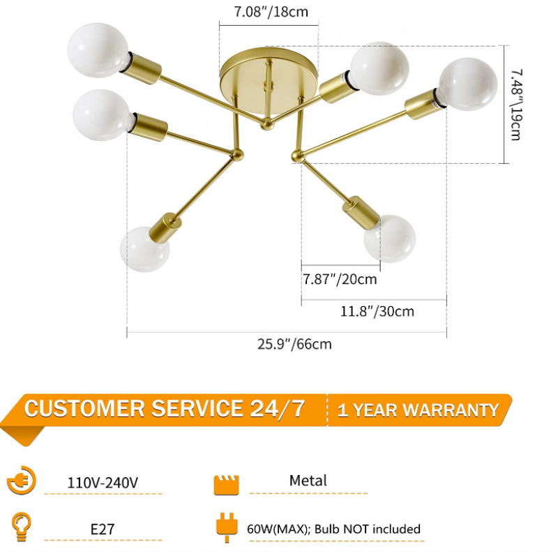 Comely Lustre Sputnik Moderne, 6 Lumières Plafonnier Industriel Vintage, E27 Doré Plafonniers en Fer, Lampe de Plafond pour Salon, Chambre, Salle à manger, Diamètre 70cm (sans Ampoule)