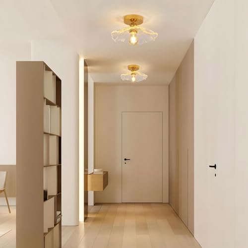 Comely Plafonnier de couloir, E27 Lampe de plafond en forme de fleur, petit or Luminaire Plafonnier en verre transparent, diamètre 28cm, ampoule non incluse