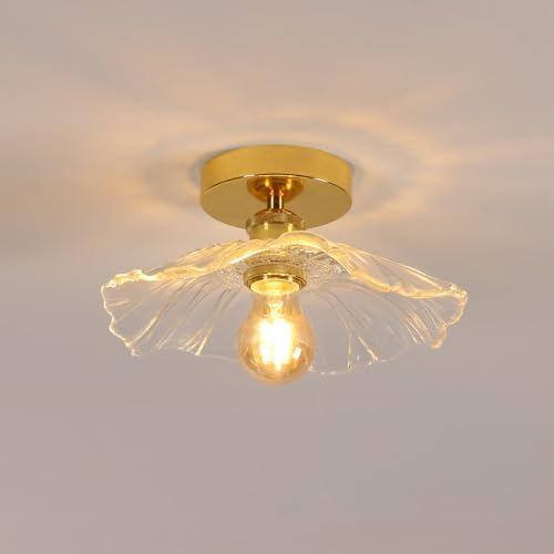Comely Plafonnier de couloir, E27 Lampe de plafond en forme de fleur, petit or Luminaire Plafonnier en verre transparent, diamètre 28cm, ampoule non incluse