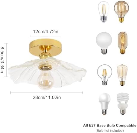 Comely Plafonnier de couloir, E27 Lampe de plafond en forme de fleur, petit or Luminaire Plafonnier en verre transparent, diamètre 28cm, ampoule non incluse