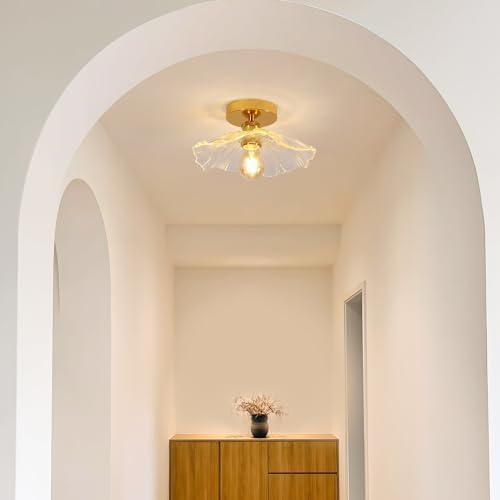 Comely Plafonnier de couloir, E27 Lampe de plafond en forme de fleur, petit or Luminaire Plafonnier en verre transparent, diamètre 28cm, ampoule non incluse