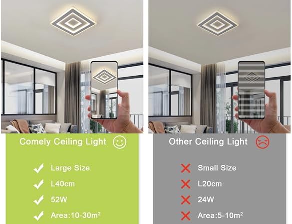 Comely Plafonnier LED Carré Moderne, 52W Lampe de Plafond LED, Acrylique Luminaire Plafonnier Intérieur Blanc pour Chambre à Coucher, Salon, Couloir, Lumière Naturelle 4500K, 40cm