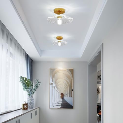 Comely Plafonnier de couloir, E27 Lampe de plafond en forme de fleur, petit or Luminaire Plafonnier en verre transparent, diamètre 28cm, ampoule non incluse