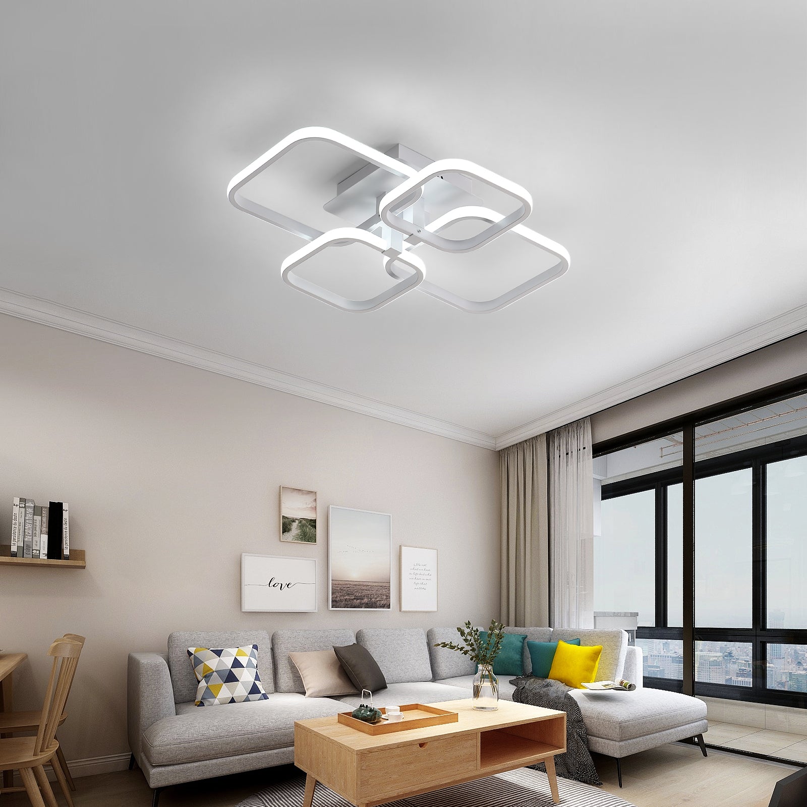 Lustre Moderne LED Comely, Luminaire De Plafond Design Carrés Blancs 60W 6750LM, Lampe De Plafond En Acrylique Pour Salon Chambre Cuisine Salle De Séjour Bureau, Lumière Froide 6500K