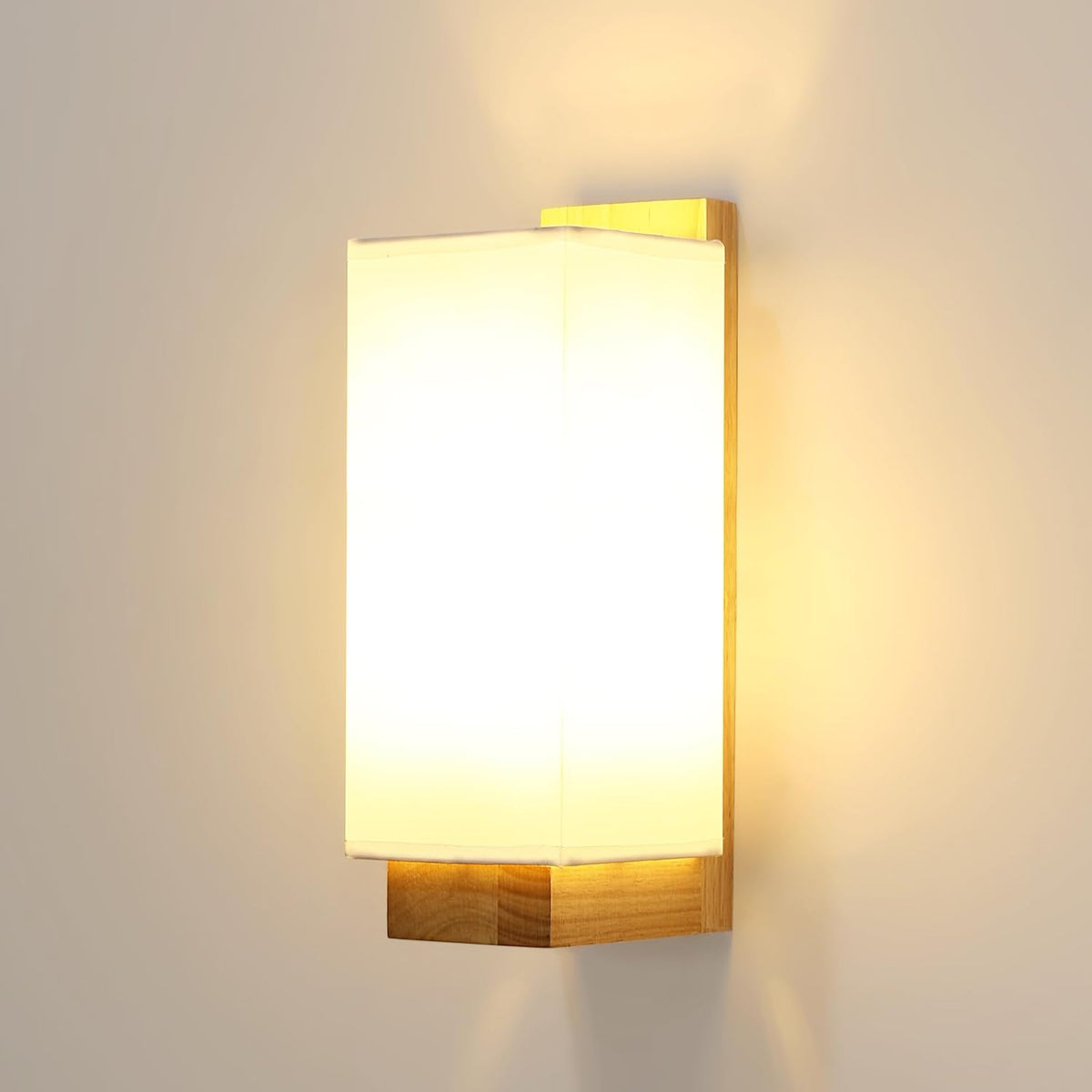 Comely Wandleuchte Holz Innen, Moderne E27 Wandlampe Innen, Wandleuchten Geeignet Boho aus Stoffbezug, Quadrat Design Wandbeleuchtung f¨¹r Schlafzimmer Wohnzimmer Flur (Ohne Gl¨¹hbirne)