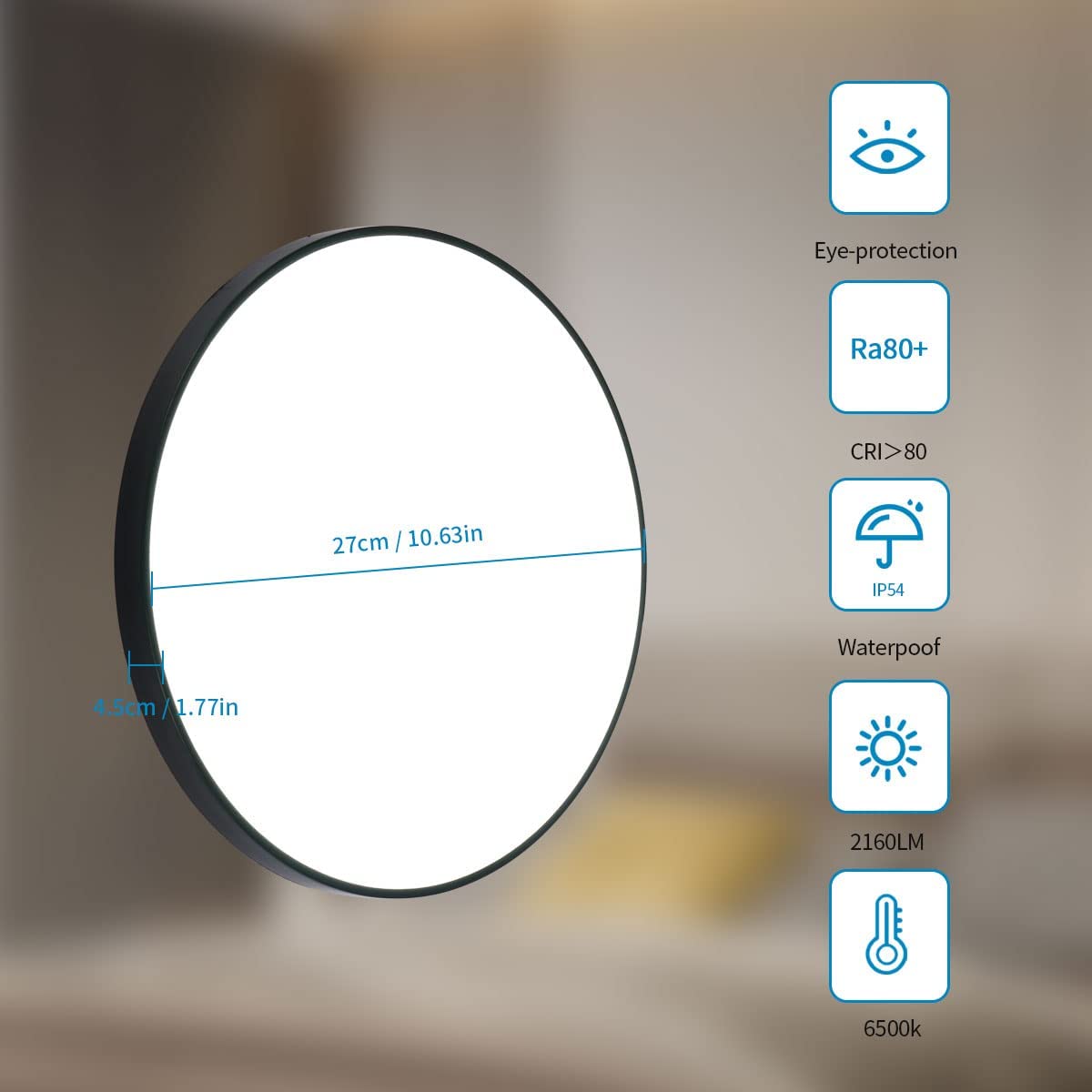 Ceiling Light - Black Plastic Frame, White Light