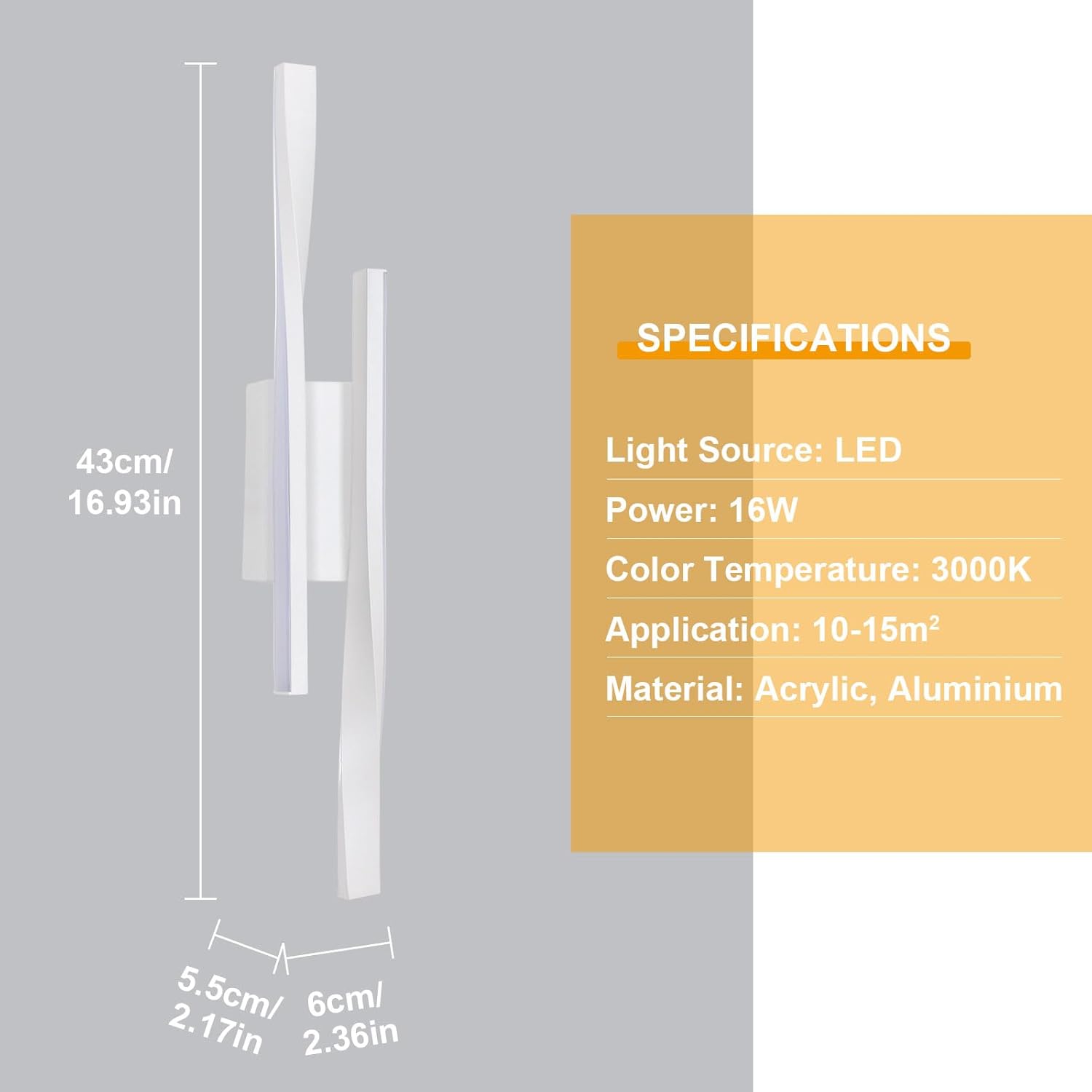 Comely Applique Murale Intérieure, Lampe LED Murale Moderne 16W 1800LM, Éclairage Acrylique Luminaire Mural pour Chambre, Salon, Salle à Manger, Couloir, Escalier, 3000K Lumière Chaude