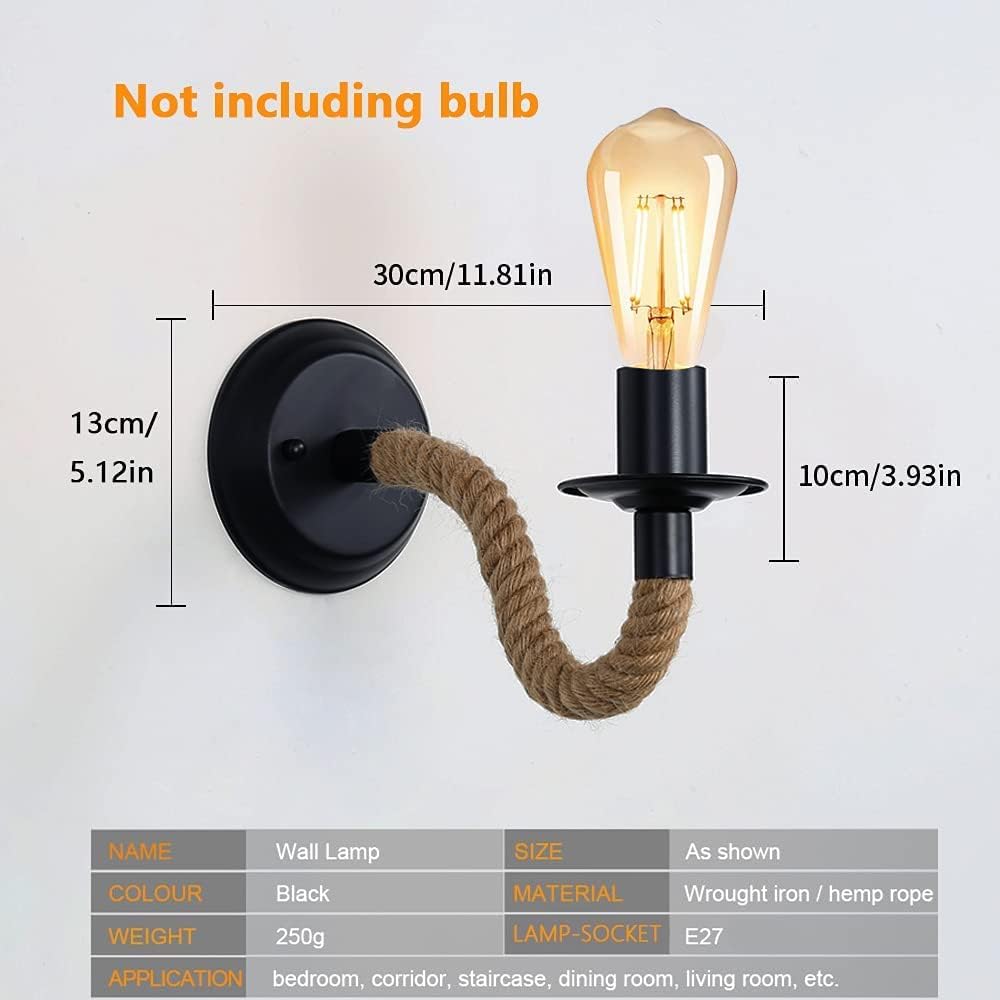 Comely 2Packs Applique Murale Vintage, Lampe Murale Corde de Chanvre, E27 Rétro Applique Murale Interieur pour Couloir Loft Chambre Café Bar (sans Ampoule)