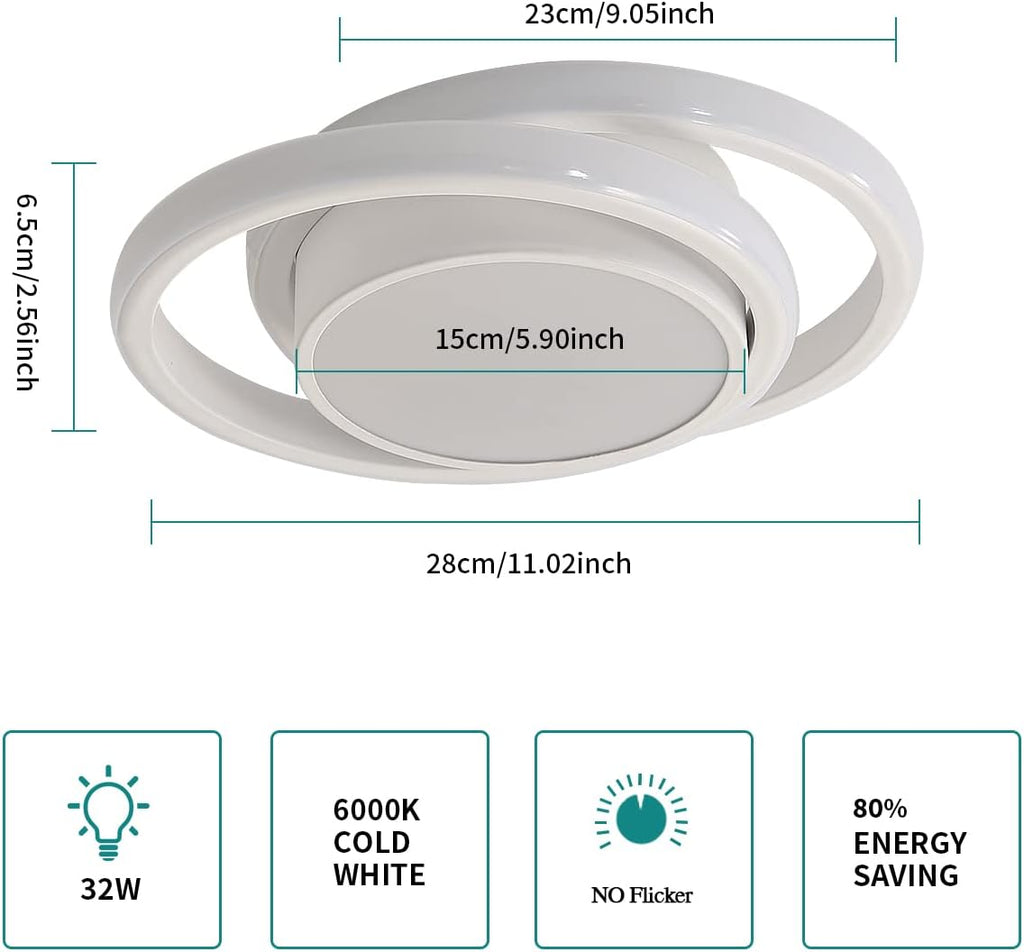 Comely 2 Pièces Plafonniers LED Moderne pour Chambre, Cuisine, Couloir, 32W 2350LM Luminaire Plafond, Rond Lampe LED Plafond, Blanc Froid 6500K, Diamètre 28cm, Blanc