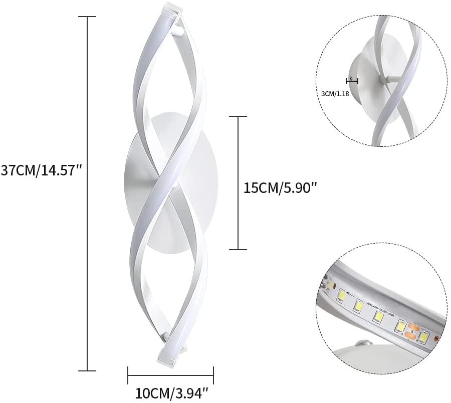 Comely Applique Murale Interieur, LED Lampe Murale Moderne 16W 1800LM, Cool White 6500k, Design incurvée Appliques pour Chambre à Coucher Escalier Salon,3-6m²