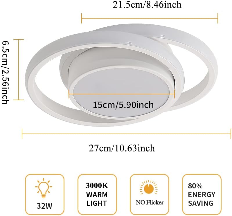 Comely 2 Pièces Plafonniers LED Moderne pour Chambre, Cuisine, Couloir, 32W 2350LM Luminaire Plafond, Rond Lampe LED Plafond, Lumière Chaude 3000K, Diamètre 28cm, Blanc