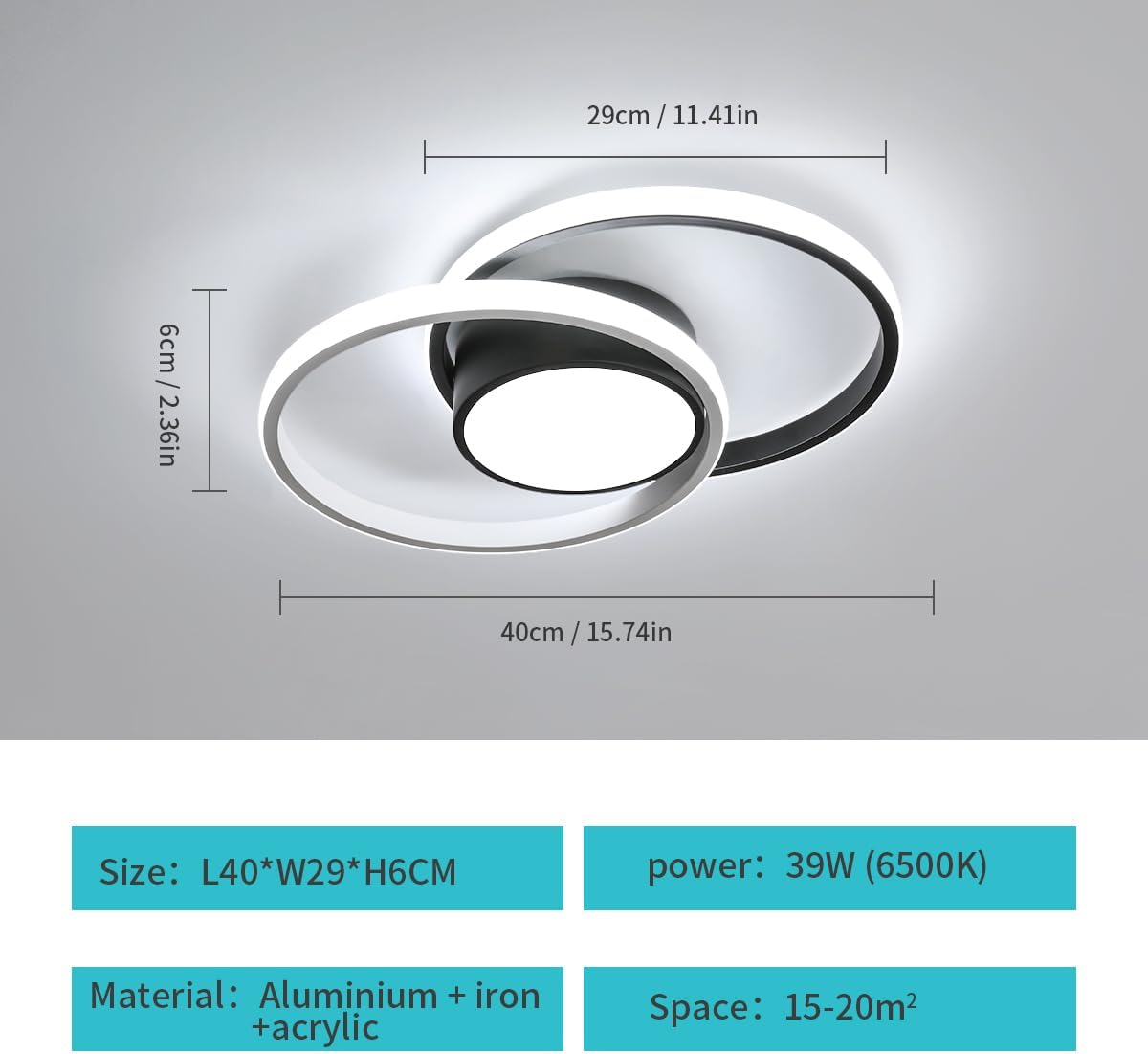 Ceiling Light - Black & White Metal Frame, White Light