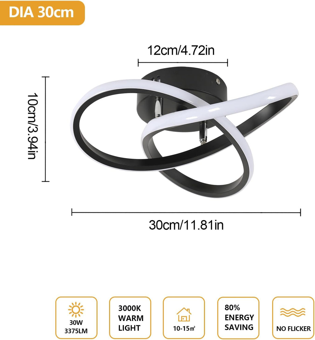 Comely Plafonnier LED Moderne, Luminaire Plafonnier Noir 30W 1800LM, Lampe de Plafond en Forme de Fleur pour Chambre à Coucher, Couloir, Cuisine, Salle de Bain, Lumière Chaude 3000K Dia 30cm
