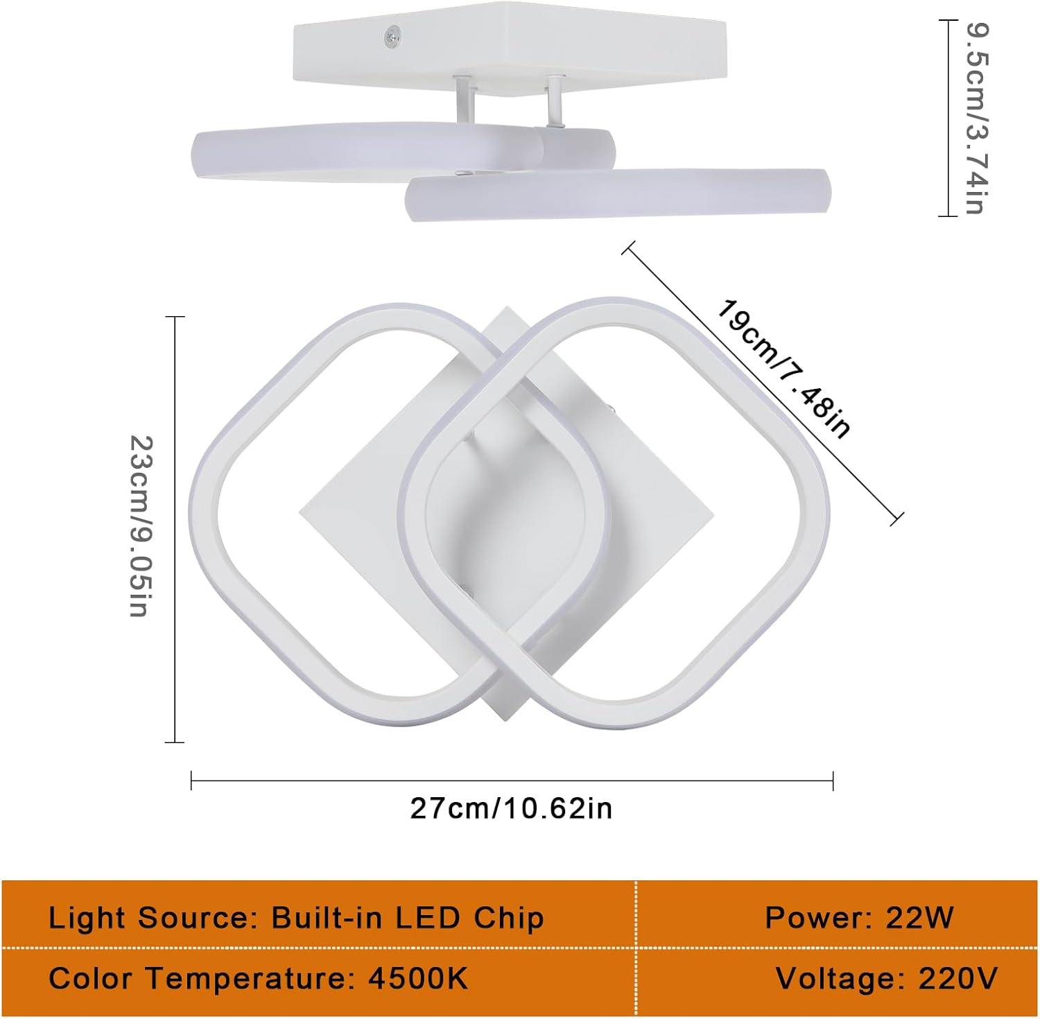 Comely Lot de 2 Plafonniers LED Modernes, 24W 2700LM Petit Plafonnier LED Carré Luminaires Intérieur pour Chambre Salon Allée Couloir Balcon, Lumière Naturelle 4500K, Blanc 24cm