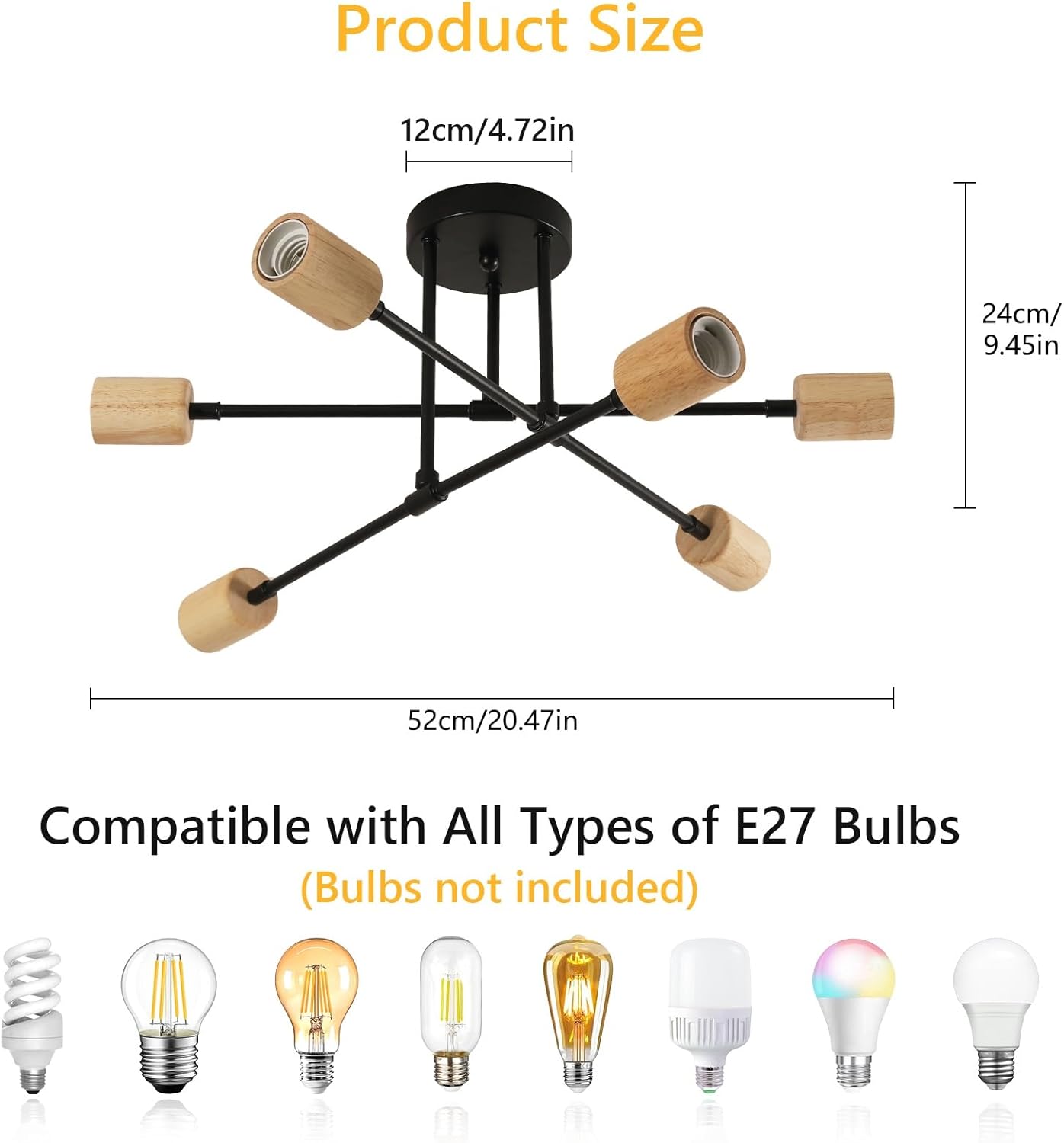 Ceiling Light - Black & Wood Metal Frame