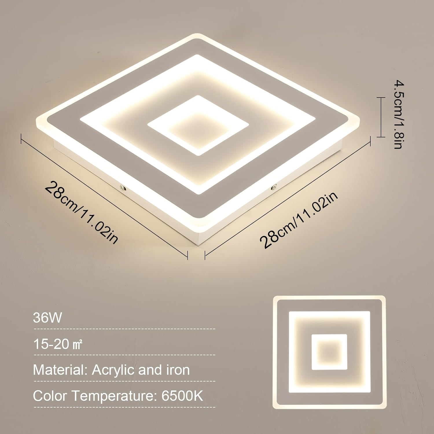 Comely Plafonnier LED Carré Moderne, 36W 28cm Lampe de Plafond LED, Blanc Luminaire Plafonnier Intérieur pour Chambre à Coucher, Salon, Couloir, Lumière Naturelle 4500K