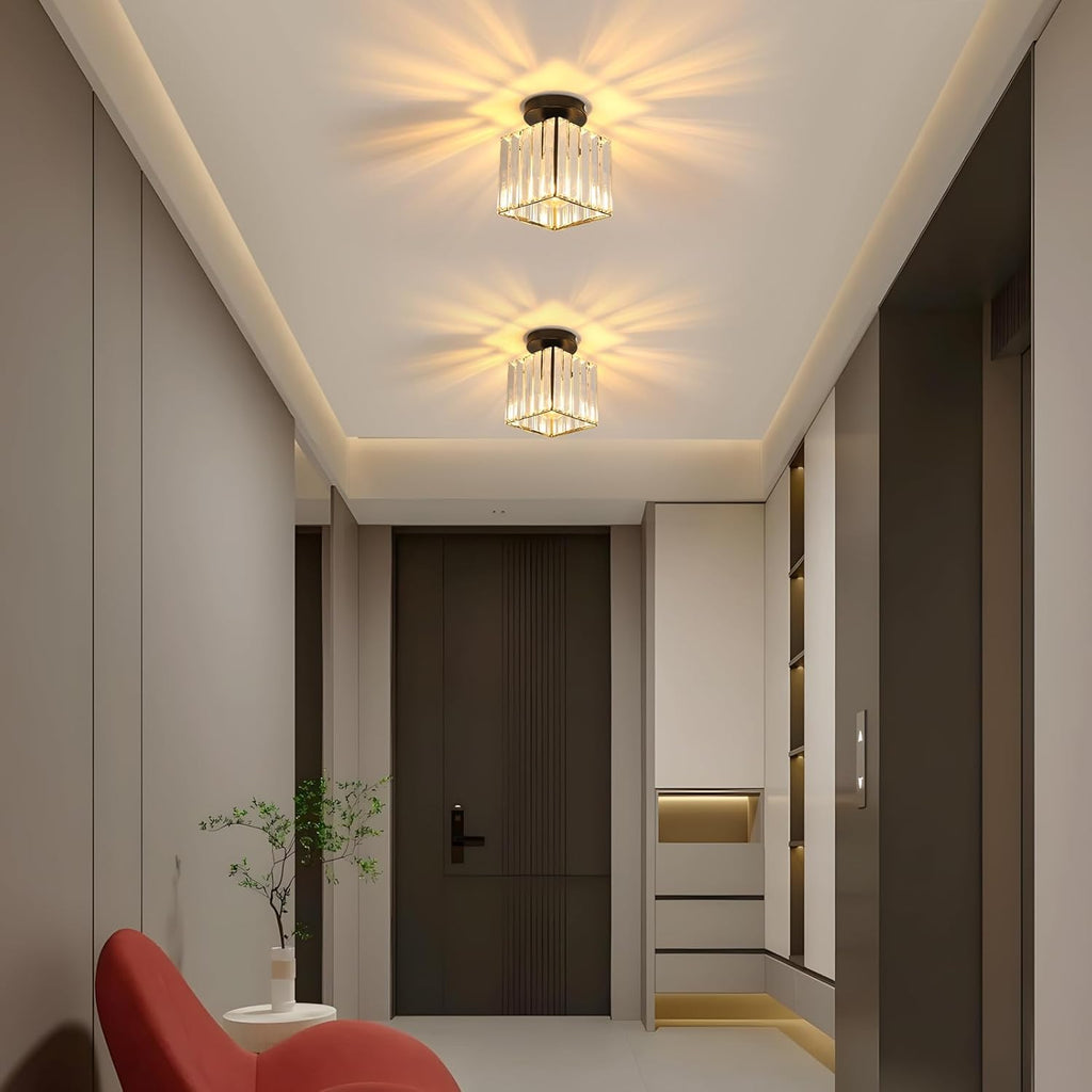 Comely Black Square Crystal Ceiling Light, Modern LED Ceiling Light with E27 Socket for Living Room, Bedroom, and Kitchen