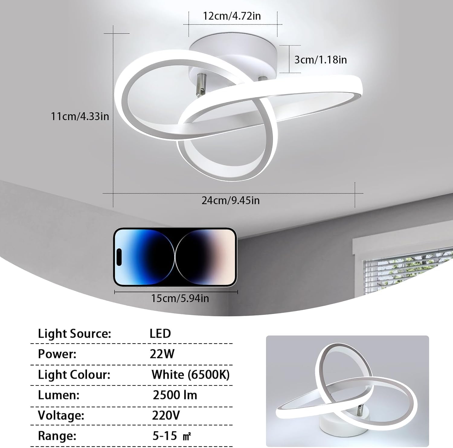 Ceiling Light - White Aluminium Frame, White Light