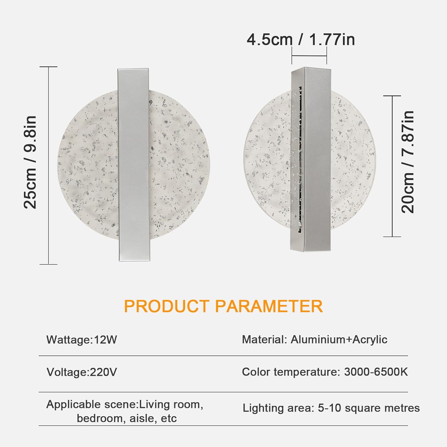 Comely Applique Murale LED Moderne, Argent 12W 3 Températures de Couleur 3000K/4500K/6500K Lampe Murale LED Pour Chambre à Coucher, Salon, Salle à Manger, Couloir, Escaliers