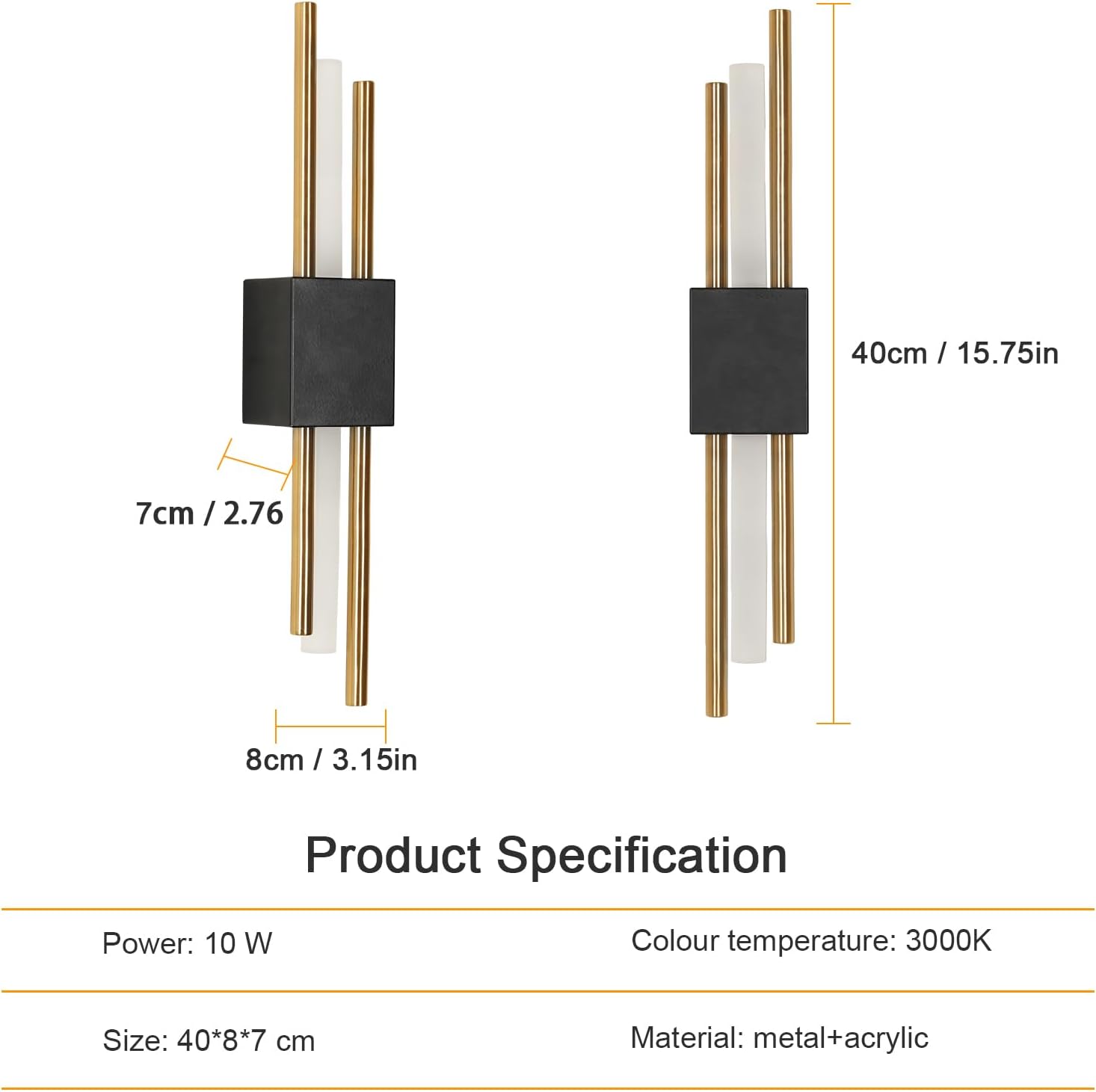 Wall Light - Black & Gold Acrylic Frame, Warm Light
