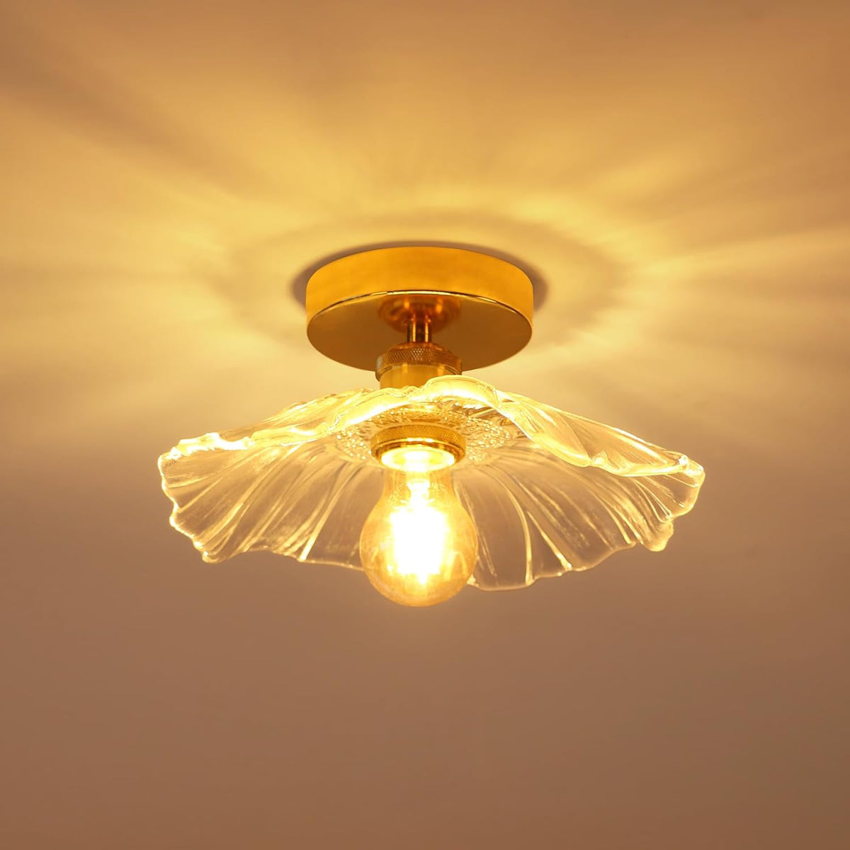 Comely Deckenleuchte f¨¹r Flur, E27 Gold Glas Deckenlampe in Blumenform, kleine Deckenbeleuchtung aus klarem Glas, Durchmesser 28cm, ohne Leuchtmittel