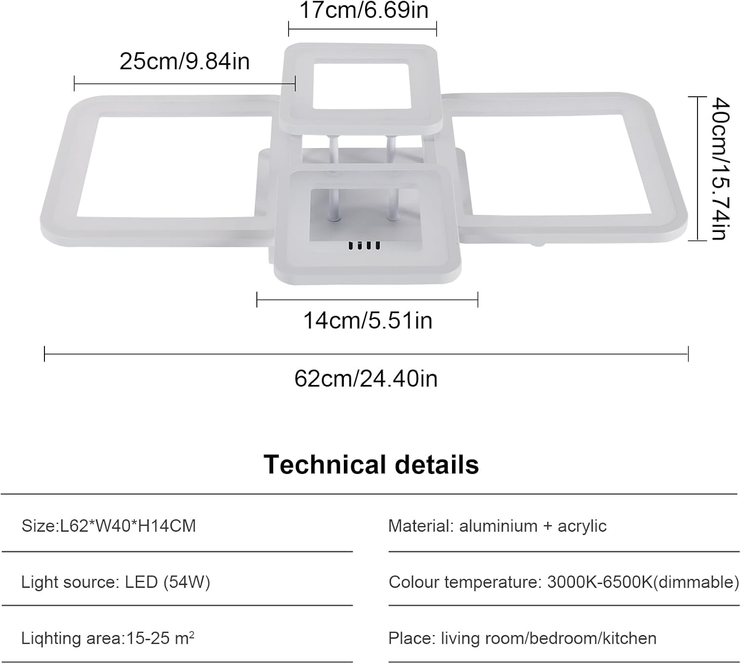 Ceiling Light - White Acrylic Frame, Tunable and Dimmable