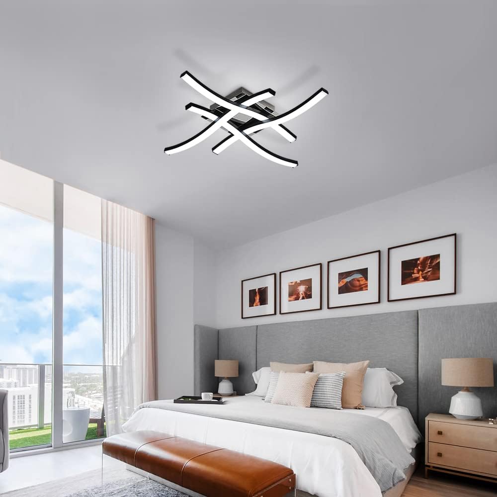 Comely Plafonnier Moderne, 24W 2300LM Eclairage Plafond LED Moderne Forme de Vague à 4 Lumières, Noir Lampe LED Plafond pour Salon Chambre Salle à Manger, Blanc Froid 6500K