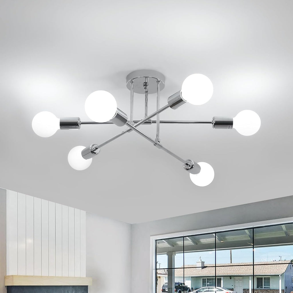 Comely Plafonnier Industriel, 6 Lumières E27 Lampe Suspension en Métal, Chrome Lampe de Plafond Rétro pour Salon, Chambre, Cuisine