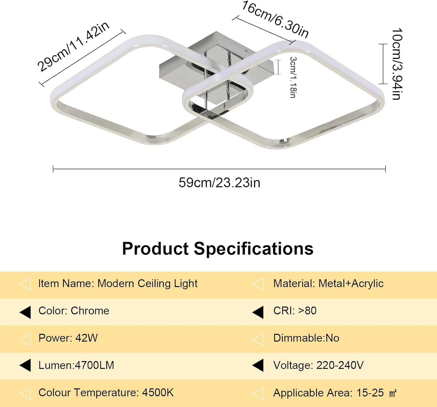 Ceiling Light - Chrome Aluminium Frame, Natural Light