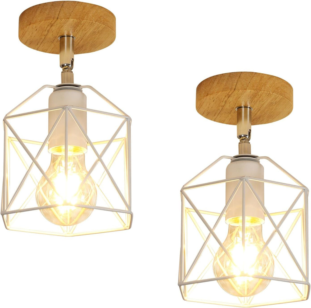 Comely 2 Piece Pendant Light Ceiling Light, E27 Pendant Lamp From Metal And Wood, White Lampshade Ceiling Lamp From Iron Cage For Hallway Living Room Bedroom Kitchen, Dia14cm(Without Bulb)