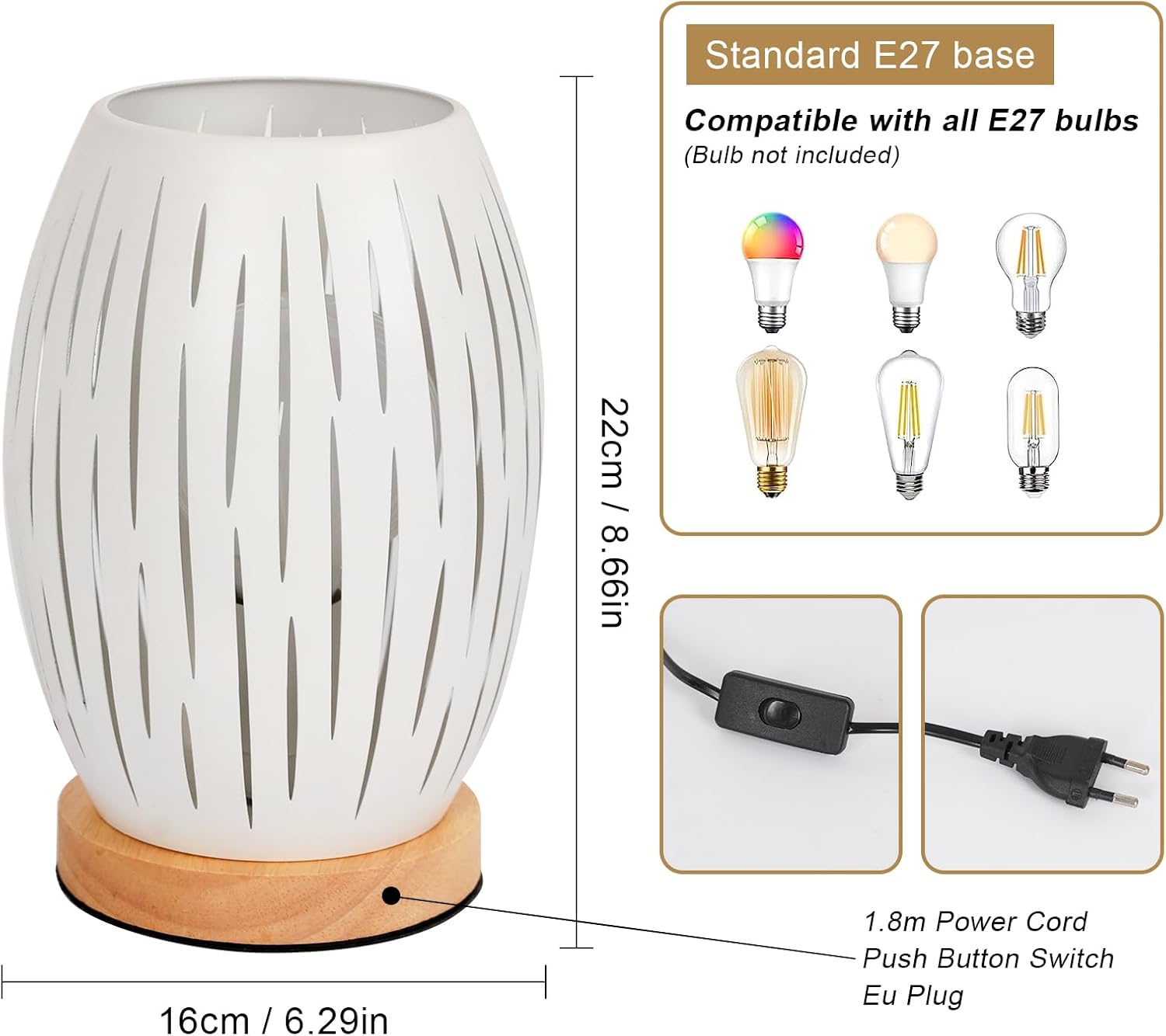 Comely Lampe de Table de Chevet pour Salon de Chambre, Blanc Base de Cage Métal Moderne en Bois E27 Petite Lumière Décorative Latérale d'intérieur (Ampoule Non Incluse) (Classe énergétique E