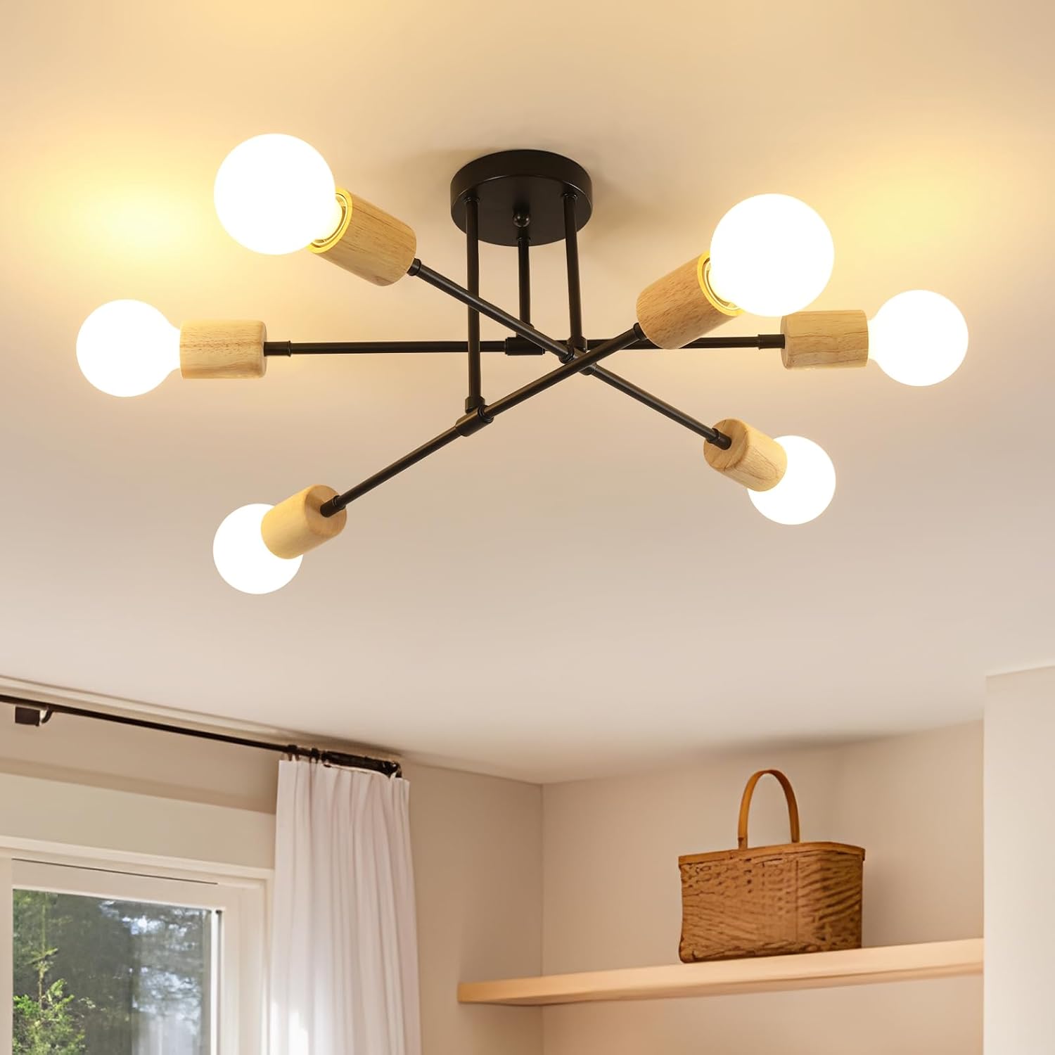 Ceiling Light - Black & Wood Metal Frame