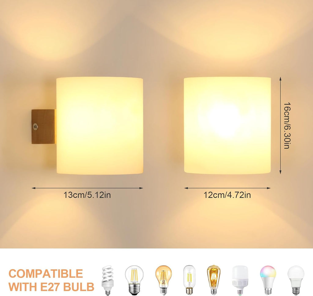 Comely Applique Murale Intérieure Bois, 2 Pièces Lampe Murale E27 Rétro en Verre Lampe de Chevet pour Chambre Salon Couloir Escalier Cafétéria