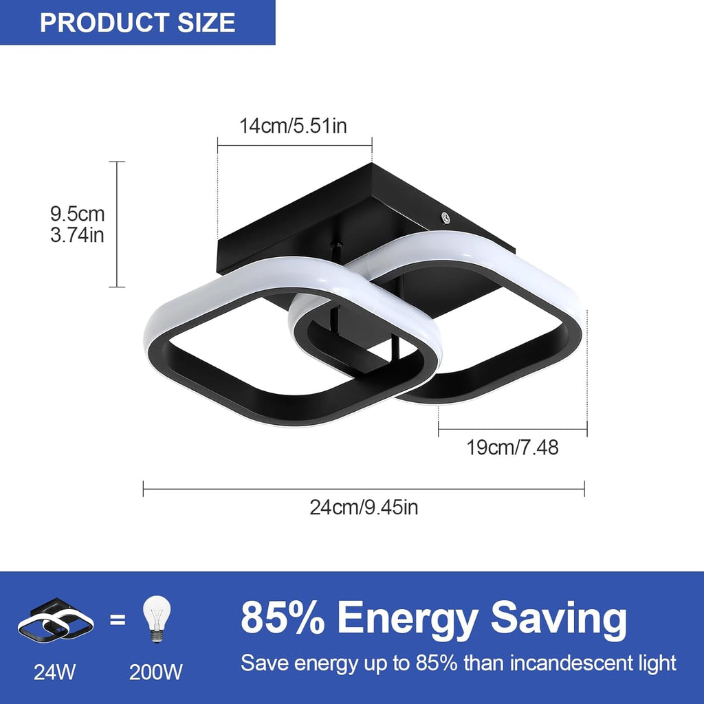 Comely Lot de 2 Plafonniers LED Modernes, 24W 2700LM Petit Noir Plafonnier LED Carré Luminaires Intérieur pour Chambre Salon Allée Couloir Balcon, Lumière Blanche 6500K, 24cm