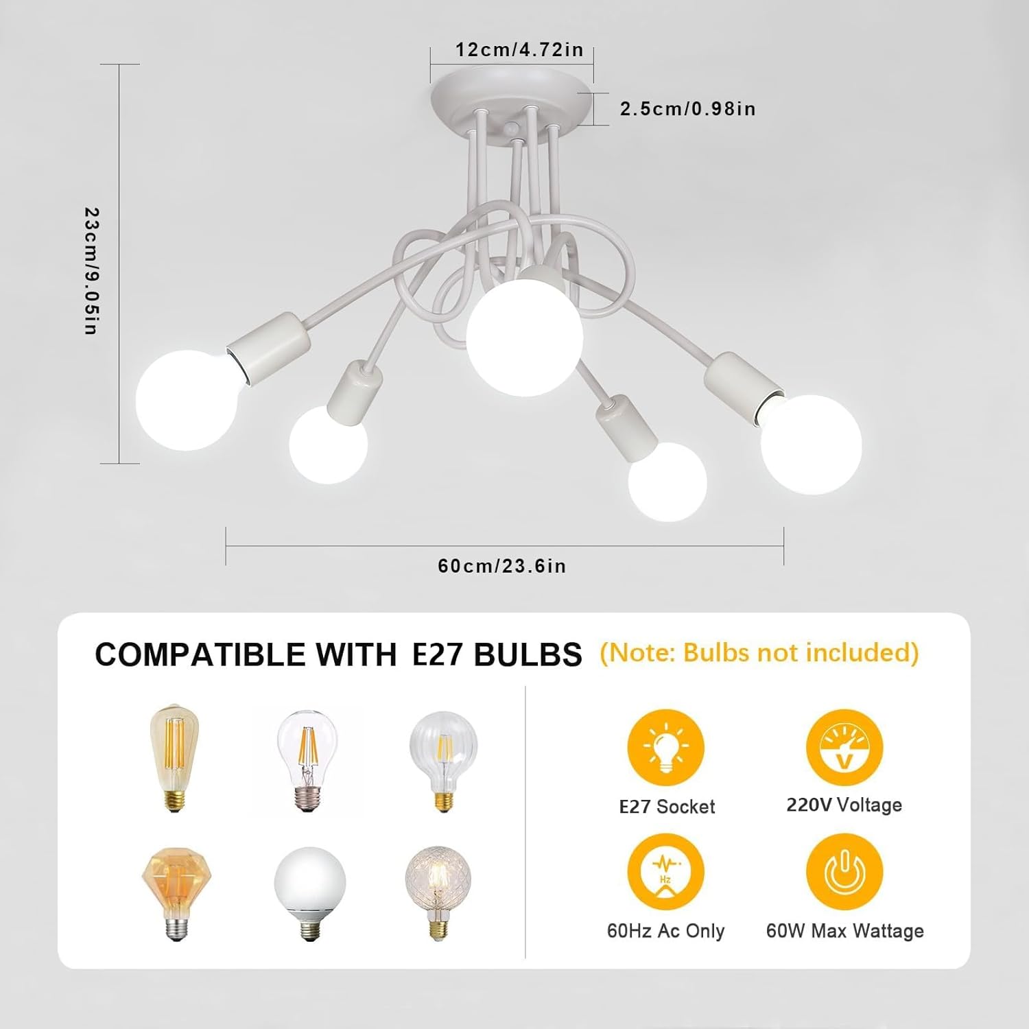 Industrial E27 Ceiling Light, 5-Light Metal Ceiling Lamp White, Creative Iron Chandelier for Bedroom Living Room Dining Room Hallway Kitchen, ?60cm (Bulb Not Included)