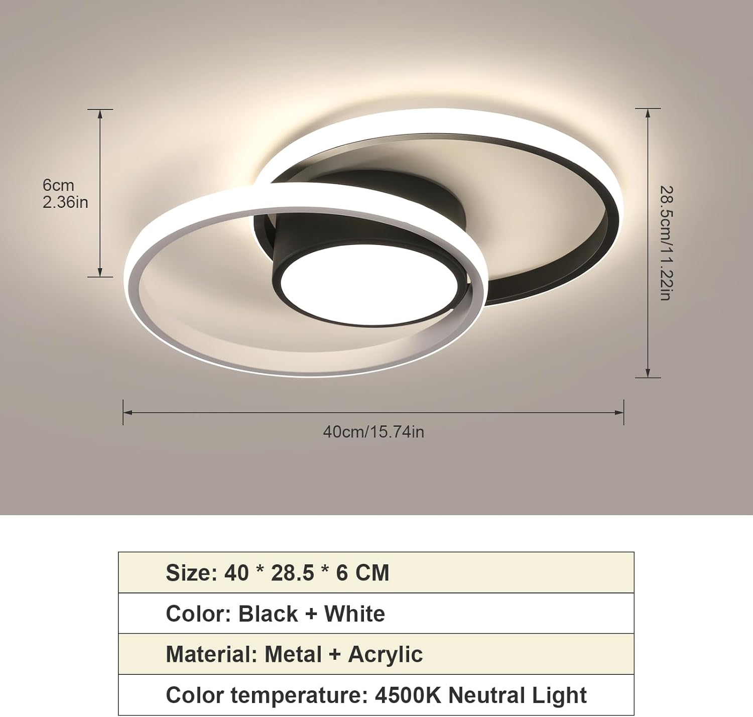 Ceiling Light - Black & White Metal Frame, Natural Light