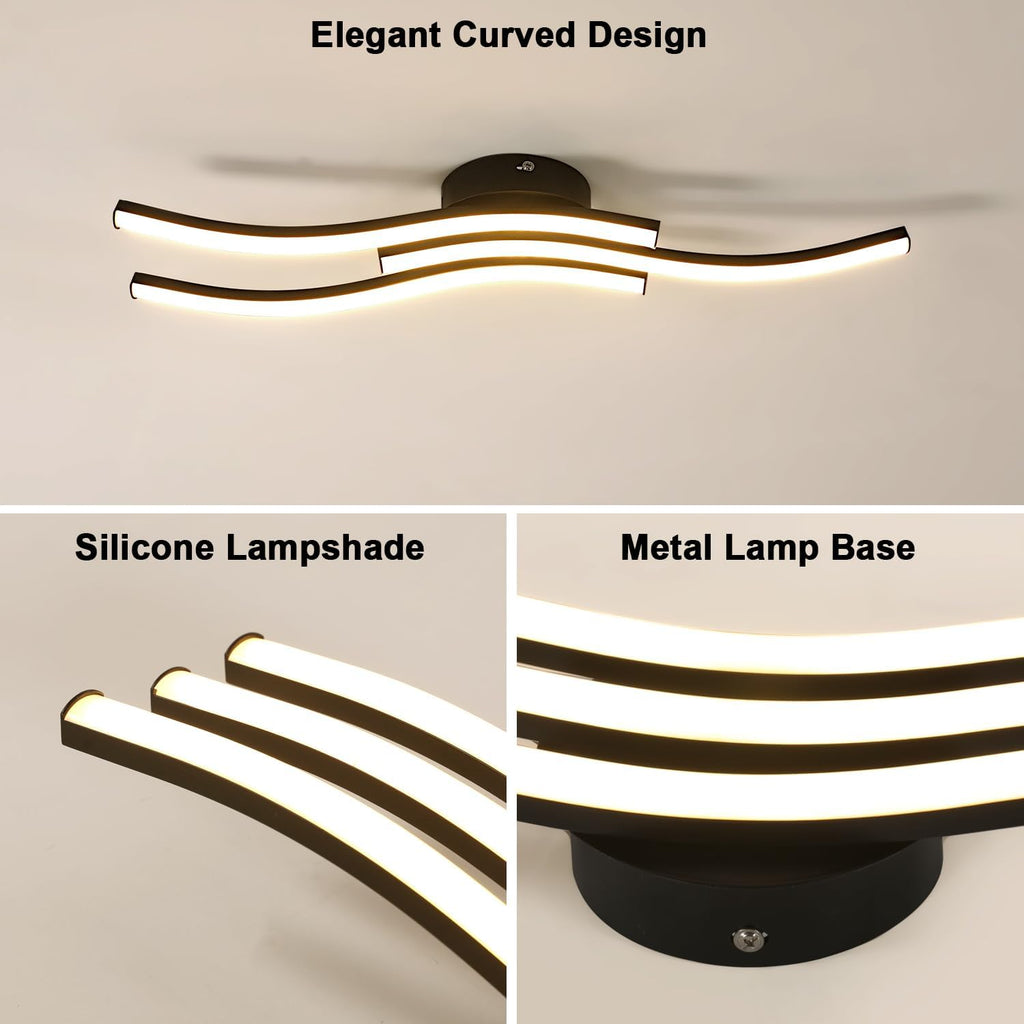 Comely Plafonnier LED, 3 Ondes Design 20W 2050LM Lampe de Plafond LED Moderne, Noir Luminaire Plafonnier LED Blanc Chaud 3000K pour Salon, Chambre, Cuisine, Couloir