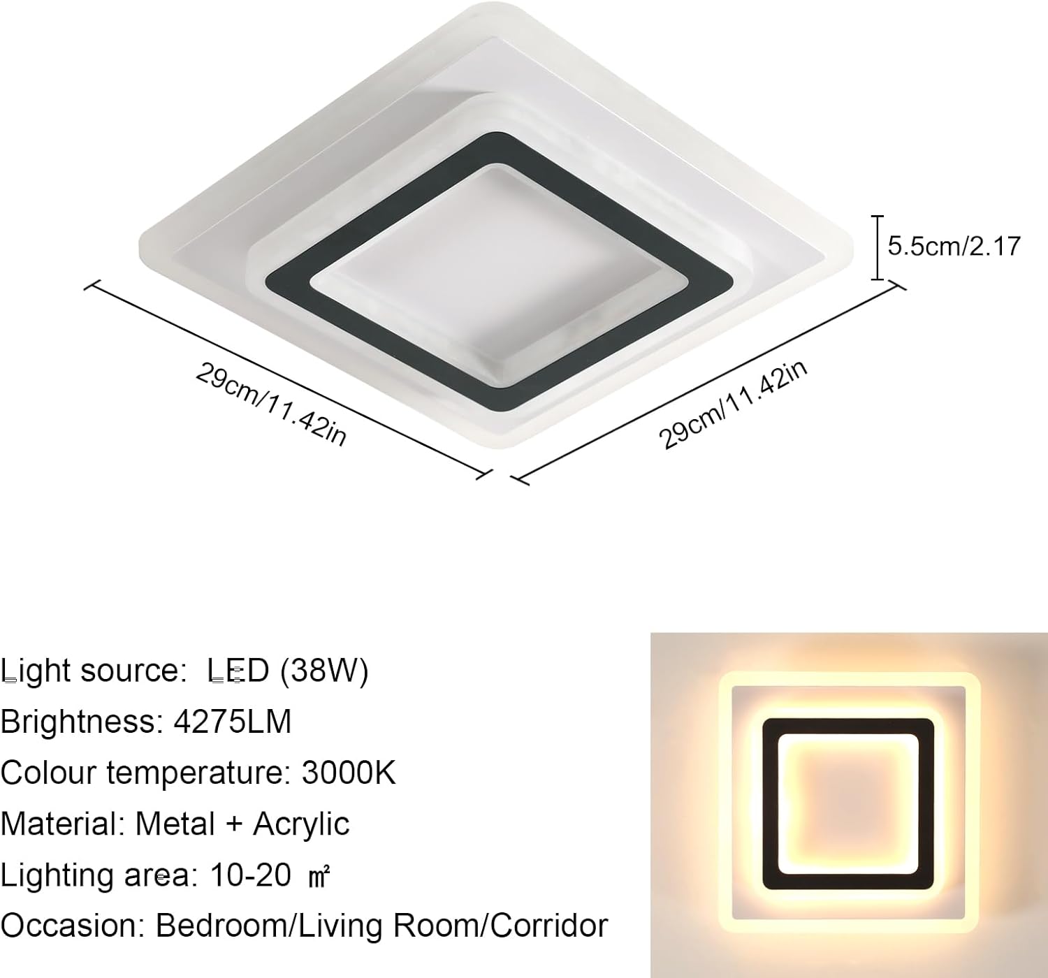 Ceiling Light - Black & White Acrylic Frame, Warm Light