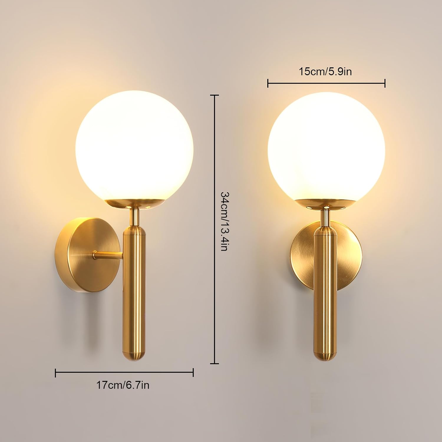 Lampes murales élégantes pour intérieur, appliques E27 avec abat-jour en verre laiteux, finition dorée, luminaires muraux pour chambre, salon, restaurant, cuisine, escalier