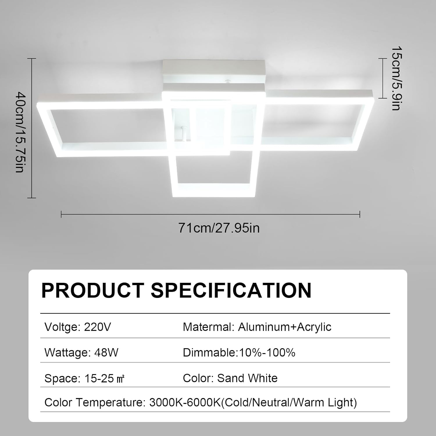 Ceiling Light - White Acrylic Frame, Tunable and Dimmable