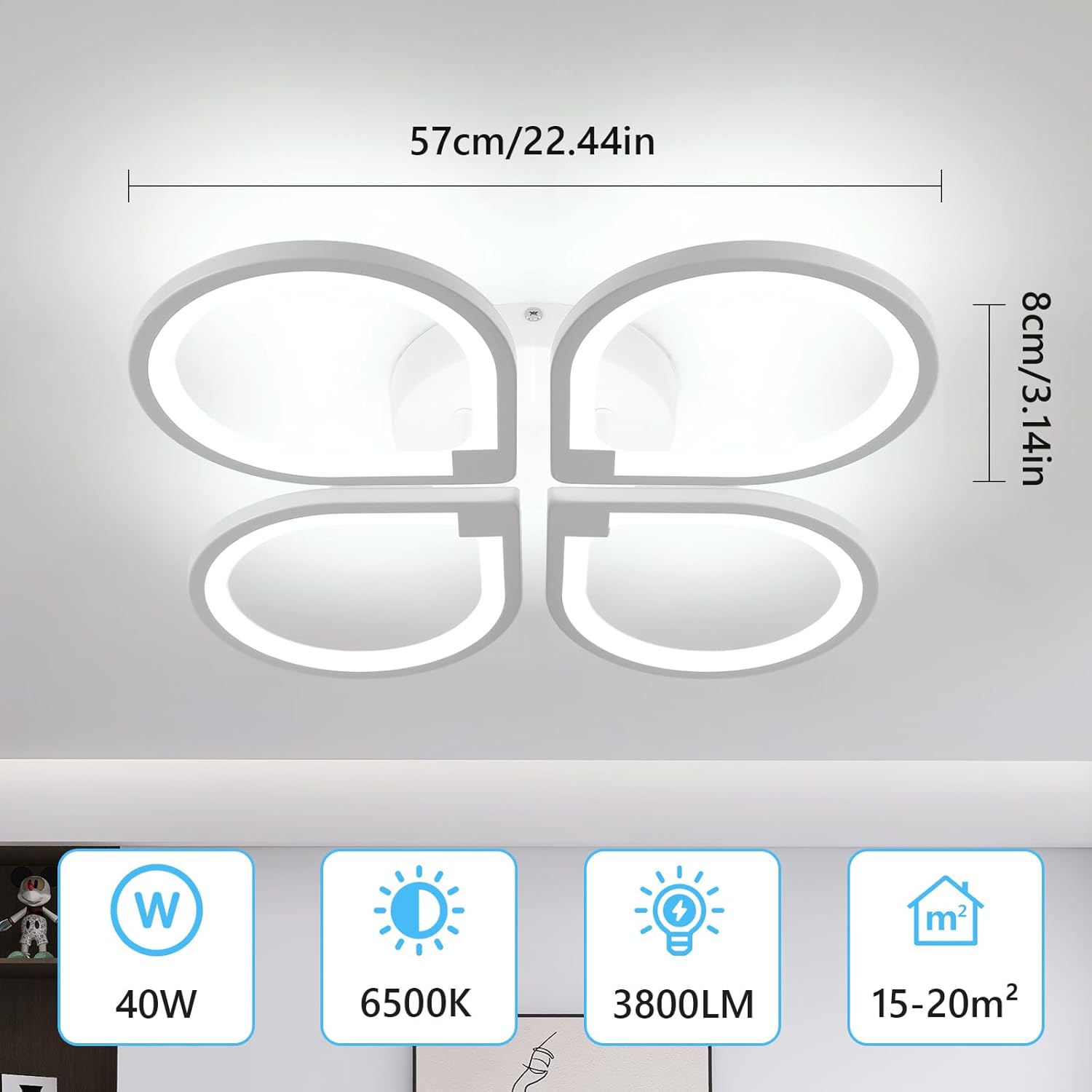 Comely Plafonnier LED Moderne 4 Lampes 57x57x8cm 40W Lumière Blanche 6500K Acrylique Salon Chambre Bureau Couloir Cuisine Éclairage