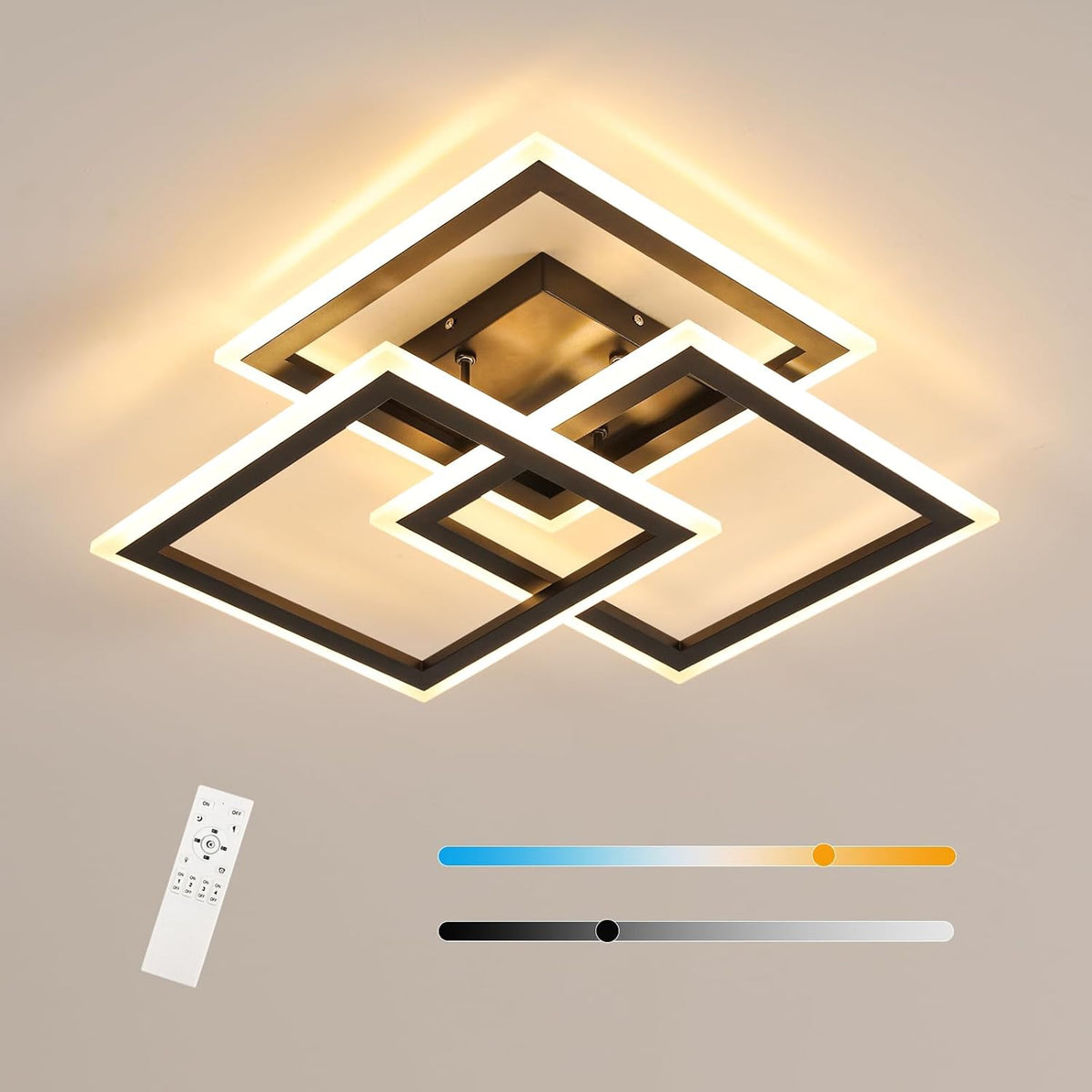Comely LED Deckenleuchte 40W Dimmbar mit Fernbedienung Schwarz Quadratisch 47x47cm 3-flammig 3000-6500K Acryl Deckenlampe Modern Deckenlicht f¨¹r Wohnzimmer Schlafzimmer Esszimmer B¨¹ro Flur