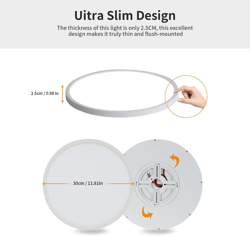 Comely Plafonnier LED Extra-Plat 30cm, Blanc 6500K 24W IP44, Pour Salle de Bain Humide/Balcon/Garage