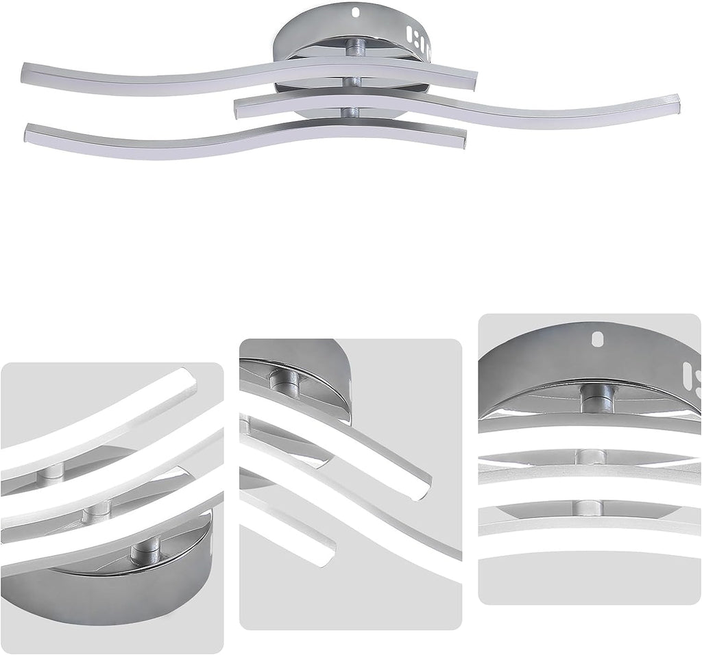Comely Plafonnier Moderne, Argenté Elégant 3 Forme de Vague Luminaire Plafonnier Blanc Froid 6500k, Lampe LED Plafond pour Salon, Chambre à Coucher, Cuisine et Salle à Manger
