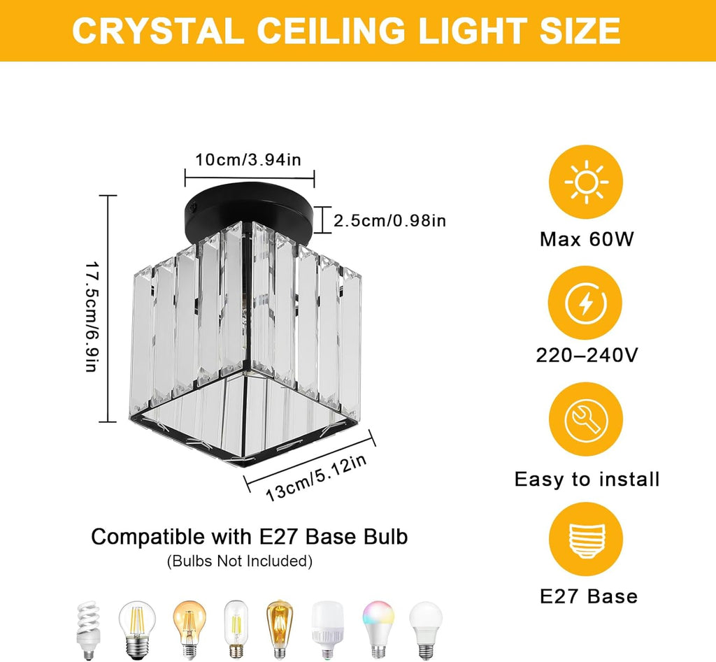Comely Black Square Crystal Ceiling Light, Modern LED Ceiling Light with E27 Socket for Living Room, Bedroom, and Kitchen