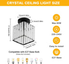 Comely Black Square Crystal Ceiling Light, Modern LED Ceiling Light with E27 Socket for Living Room, Bedroom, and Kitchen