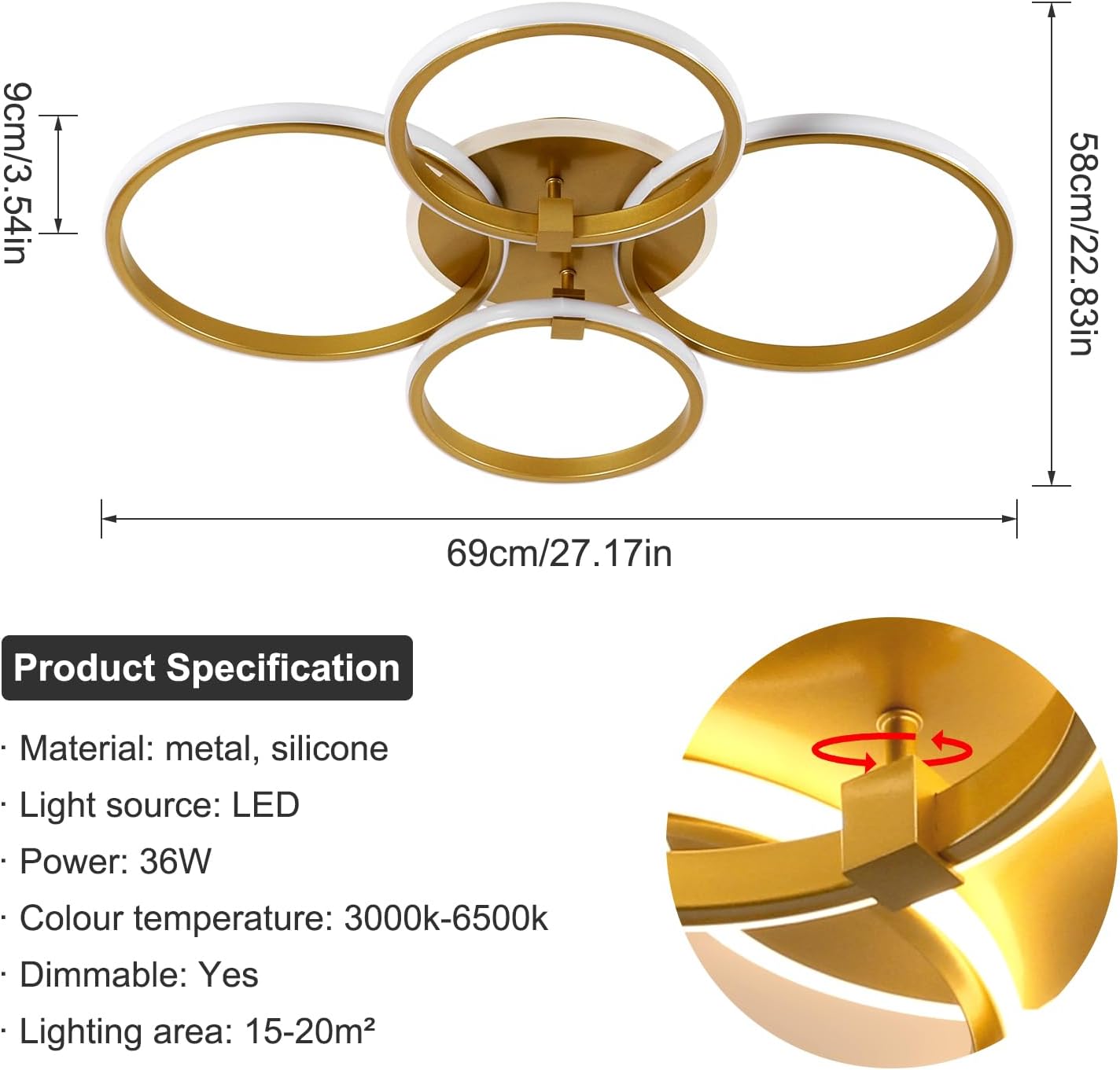 Ceiling Light - Gold Acrylic Frame, Tunable and Dimmable