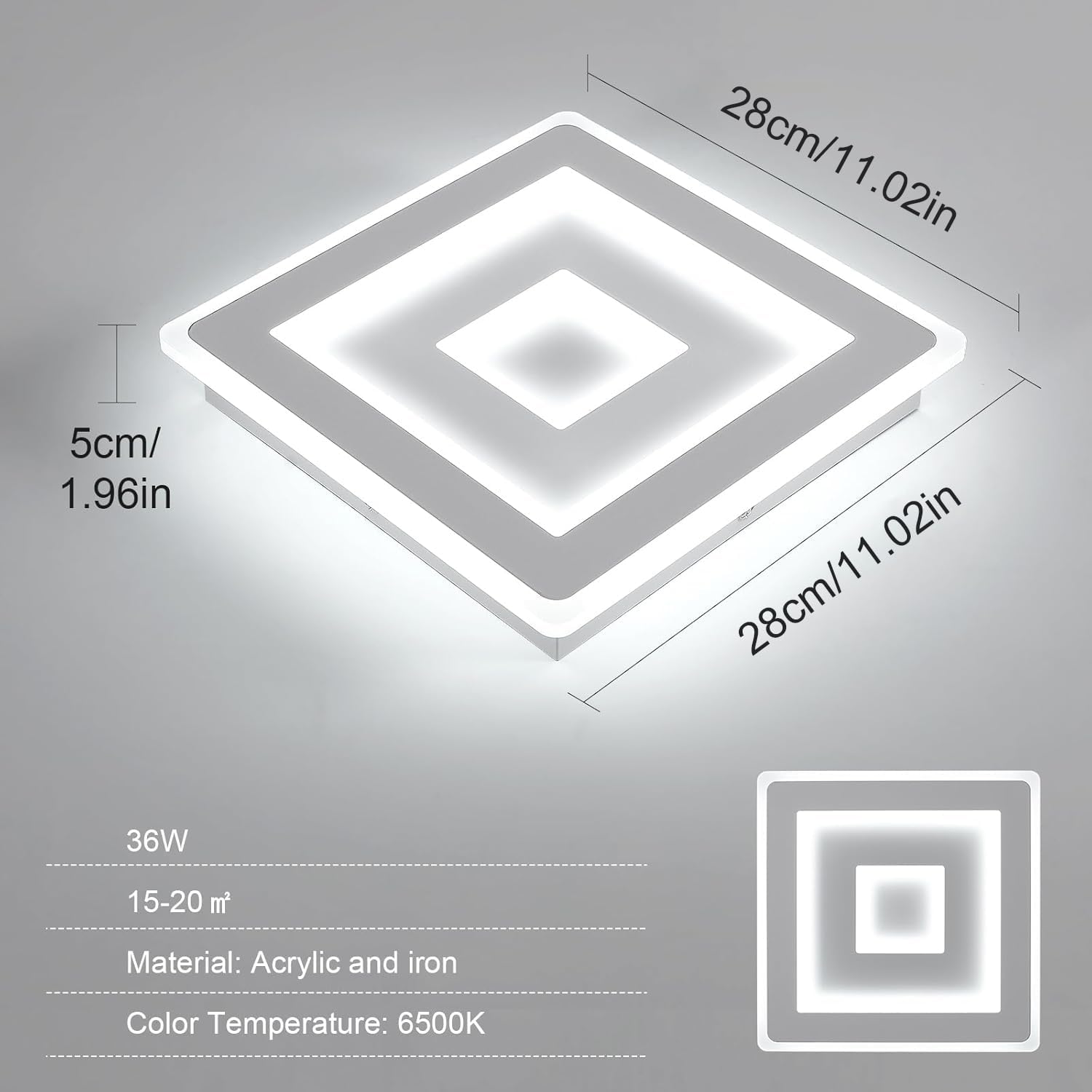 Comely Plafonnier LED Carré Moderne, 36W 28cm Lampe de Plafond LED, Blanc Luminaire Plafonnier Intérieur pour Chambre à Coucher, Salon, Couloir, Lumière Blanche Froide 6500K