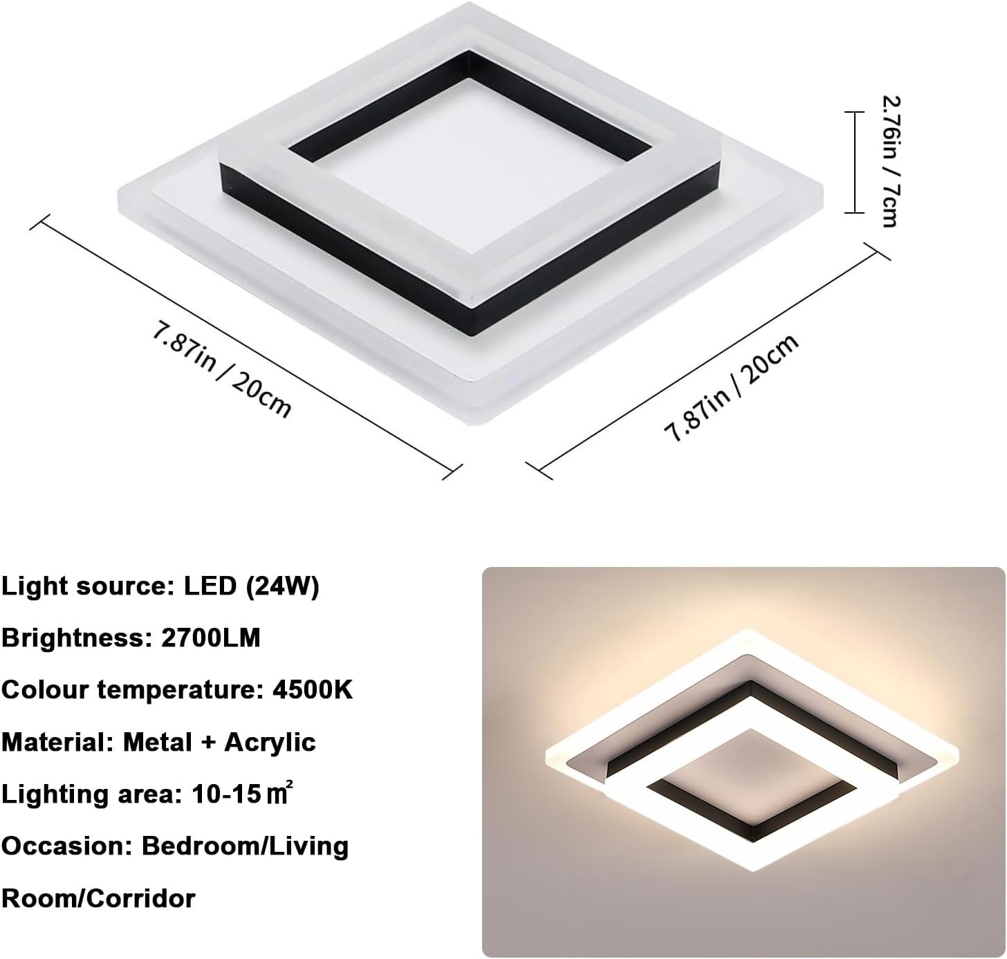 Ceiling Light - Black & White Acrylic Frame, Natural Light